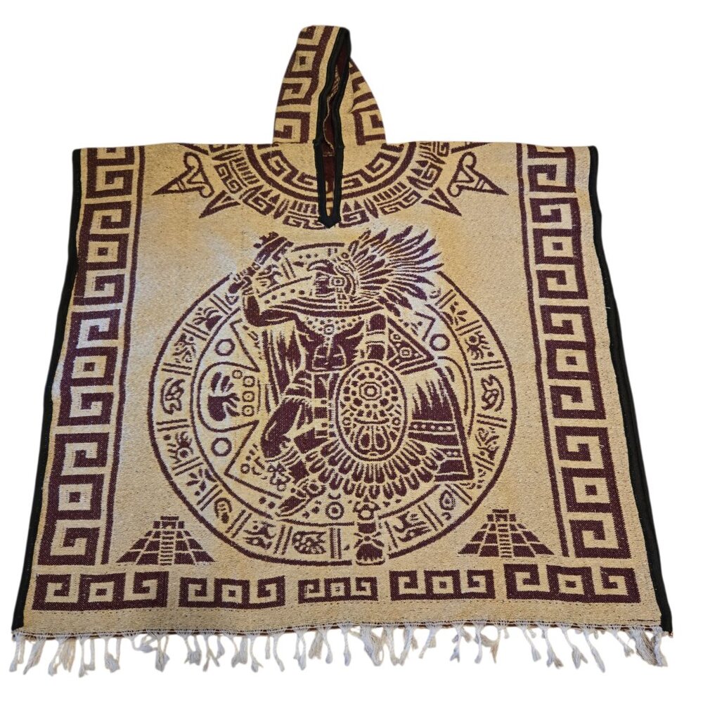Mexican Poncho with National Emblem and Aztec Calendar Design | Black